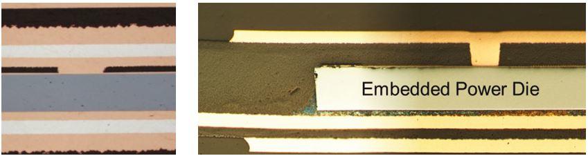 Figure 2: (Right, left) Double side plated embedded power die; source: Fraunhofer IZM in collaboration with EmPower program 